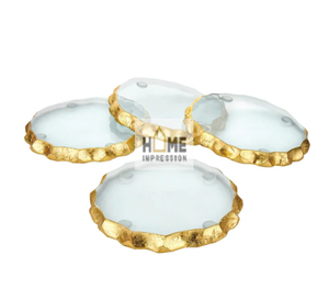 Sous-verres en verre et métal martelé, sous-verres au design fantaisie, sous-verres en métal doré, sous-verres au look admirable, sous-verres avec bordure dorée - Product Image 1