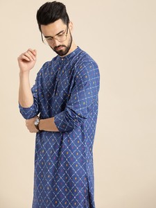 Kurta pour homme en coton pur à imprimé géométrique noir et bleu, col mandarin, manches longues, production en gros de vêtements - Product Image 6
