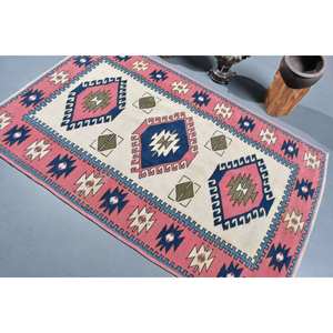 Tapis Kilim turc vintage grand 3.9x6 pieds rose bleu Patchwork Design laine jonc de mer support en Latex pour décor de chambre de couloir - Product Image 4