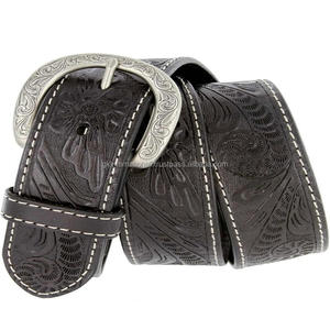 Men's Hand Carved Floral Engraved Western Leather Tooling <b>Belt</b> for <b>Jeans</b> & Pants Stylish Floral Engraved Western Style Buckle - Product Image 4