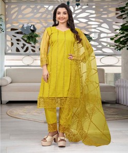 MOST PICKED <b>NET</b> EMBROIDERY WORK TOP BOTTOM WITH DUPATTA FESTIVE WEAR WHOLESALE PRICE ETHNIC GARMENT YELLOW - Product Image 3
