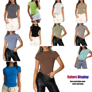 เสื้อยืดคอกลมแขนสั้นสำหรับผู้หญิงใส่ในฤดูใบไม้ร่วงผ้าคอตตอน100% ย้อมสีล้วนเข้ารูปพอดีตัวเหมาะสำหรับฤดูใบไม้ร่วง - Product Image 5