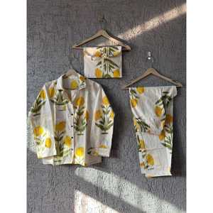 Ensemble de pyjama en coton à imprimé floral pour femmes, manches longues, fermeture à boutons, vêtements de détente d'été, tissu doux, taille élastique, vêtements de nuit décontractés - Product Image 1