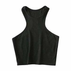 Top corto informal para mujer con cuello redondo logotipo personalizado tanque de algodón acanalado entrenamiento Fitness agujero decoración camisetas sin mangas de punto - Product Image 3