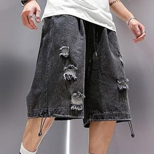 กางเกงยีนส์ขาสั้นเดนิมแบบขาดๆ คุณภาพสูง ไซส์ใหญ่ ล้างสีแบบแอซิดวอช กางเกงขาสั้นผู้ชายสำหรับฤดูร้อน ประดับคริสตัล ลุคซันเฟด - Product Image 3