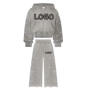 Streetwear personnalisé solide strass en détresse broderie survêtement soleil délavé surdimensionné pierre Patch pantalons de survêtement - Product Image 5