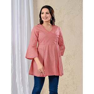 Casual <b>Pink</b> Cotton Printed Angrakha Top Breathable Feature - Product Image 4