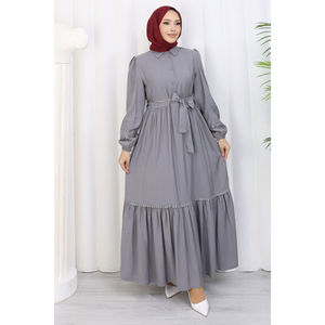 Robe grise modeste à demi-boutonnage, ornée de roses, avec ceinture, respirante, style élégant, fermetures éclair, motifs ajourés, ornée de diamants, tailles XS-XL, pour le quotidien et les fêtes - Product Image 1