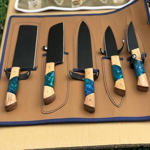 Ensemble de couteaux de cuisine pour usage professionnel - Lame affûtée - Ensemble de 5 pièces - Fait à la main - Sac en cuir - Acier Damas - Product Image 3