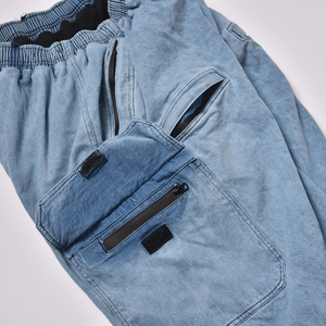 Pantalon cargo unisexe en coton bleu clair, taille élastique, coupe ample, style denim délavé respirant - Product Image 5