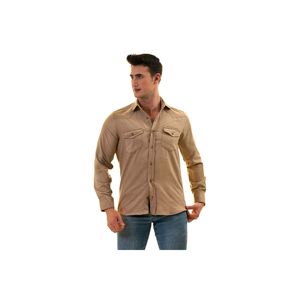 Chemise cintrée beige en coton style western à deux poches en daim - Product Image 4