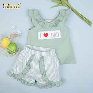 Ensembles de vêtements pour filles de luxe en gros personnalisés à Hanoï - Je t'aime Papa - Ensemble court pour bébé à smocks - 100% coton - Olive foncé uni - Oxford - Product Image 2
