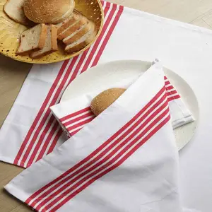 New Trending Pure Cotton Plain White With Red Striped Design Kitchen Cleaning Napkins Everyday Highly Absorb Washable Tea Towels