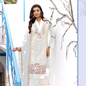 Elegante Traje Formal para Toda Temporada, Shalwar Kameez de Georgette Sintética con Bordado Khatli, Pantalones de Seda Cruda, Dupatta Bordada, 4 Hermosos Tonos - Product Image 1