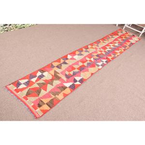 Alfombra Kilim de 1.9x10.7 pies, Alfombra Turca Vintage, Alfombra de Camuflaje Roja Naranja - Product Image 2