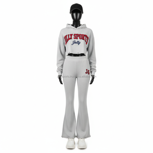 Ensemble de survêtement pour femme, texture gaufrée de luxe, mélange de coton 270 GSM, gris, sweat à capuche court, bas évasé, logo brodé, survêtement grande taille - Product Image 6