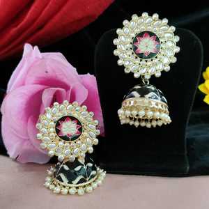 Lotus Motif Fusion <b>Earrings</b> Meenakari Work-Incorporated <b>Dangle</b> Fashion Radiant Luxurious Effect Meenakari Jhumkas For Women - Product Image 2