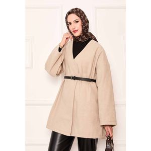 Elegante Abrigo Oversize Beige de Cachemira con Cuello Alto, Capucha, Cierre de Cremallera, Estampado Casual, Decoración de Botones y Forro de Poliéster - Product Image 2