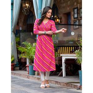 <b>Peach</b> Cotton Lehariya Straight Kurti Hand Drawn Printed Pakistani Style Salwar Kameez Party Wear Stitched Clothing - Product Image 6