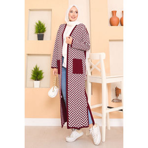 Cárdigan Bordado con Detalle de Bolsillo para Otoño/Invierno, Color Borgoña, con Rayas en Zigzag, Estilo Hijab, Tejido Casual de Cachemira y Lana con Botones, para Primavera - Product Image 1