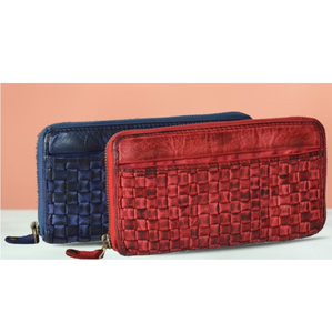 Cartera de cuero genuino con cremallera para mujer, tarjetero RFID tejido a mano con teñido por inmersión, Cartera de Color marrón oscuro brillante - Product Image 1