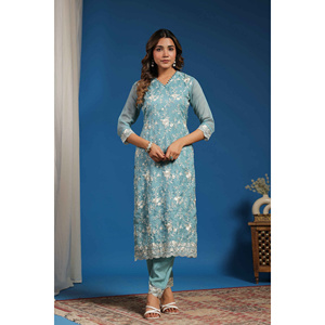 Set Donna Falsafa Ayesha con Kurta, Pantaloni e Dupatta in Tessuto Aqua - Product Image 2