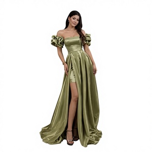 Elegante Vestido de Noche Verde Satinado con Hombros Descubiertos y Mangas Abullonadas, Vestido Largo Formal para Mujer - Product Image 1