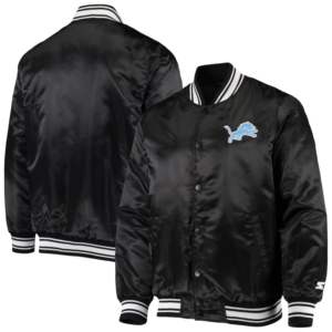 Chaqueta universitaria de béisbol estilo Letterman personalizada para hombre, negra, de los Detroit Lions, de la serie Starter, de satén, con cierre completo a presión, estilo vestuario. - Product Image 1