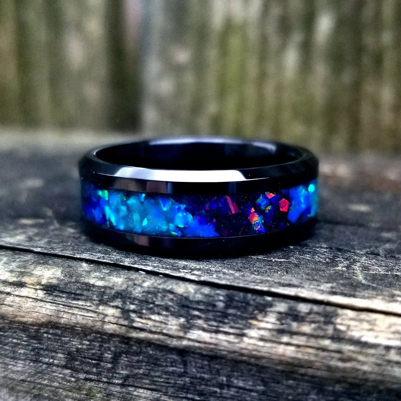 Black ceramic galaxy glow ring with turquoise opal and blue fire opal inlay Men's ring, Women's ring
