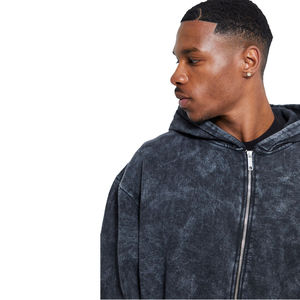 Sweat-shirts à capuche surdimensionnés en molleton noir 300 GSM délavé à l'acide avec fermeture éclair pour hommes et femmes, style streetwear OEM, lavage vintage personnalisé, sweat-shirts pour hommes - Product Image 5