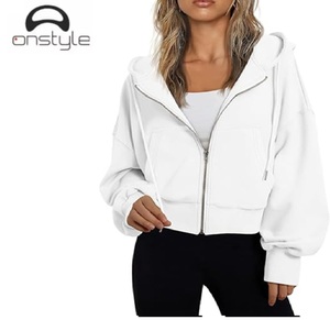 Onstyle Sports cropped zip HOODIE para mujer casual streetwear tela suave manga larga Sudadera con capucha Top corto - Product Image 6