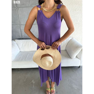Vestido de Mujer con Corte Asimétrico y Cuello en V, Tejido con Diseño de Campana, 38285 - Morado - Product Image 2