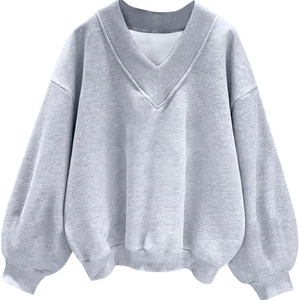 Sweat-shirt ample en coton doux pour femmes, col en V ample, ourlet côtelé, manches longues, haut confortable - Product Image 1