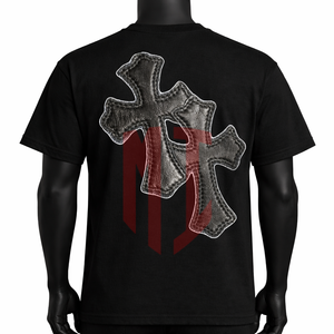 Camiseta Negra con Gráfico de Cruz Gótica, Estilo Urbano, Manga Corta, Personalizable para Hombre - Product Image 2