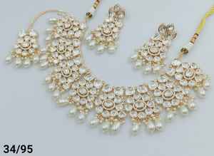 Fleur élégante Kundan & Drop indien fantaisie traditionnel & GoldTone Kundan perle collier ras du cou ensemble avec boucle d'oreille assortieMangtika ensemble - Product Image 4