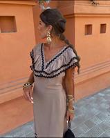 Vestido Midi Formal Boho con Cuello Cuadrado, Tejido Transpirable, Capa Transparente de Algodón, Ribete en Contraste, Sin Mangas, Ajustado, Color Sólido Natural