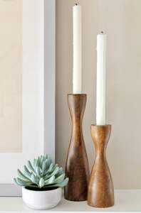 Geometric Wooden Taper <b>Candle</b> Holders with Brass Insert Modern Zig-Zag & Rounded Shape Decor - Product Image 6