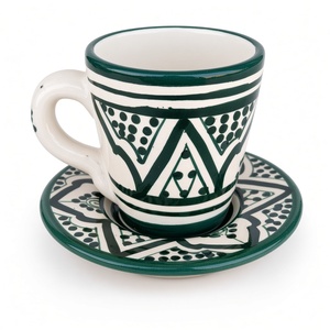 Taza y Platillo de Café de Cerámica Hechos a Mano en Marruecos, Juego de Tazas de Té con Patrón Tradicional para Cafetería y Hogar, Arcilla Natural, Terracota - Product Image 1