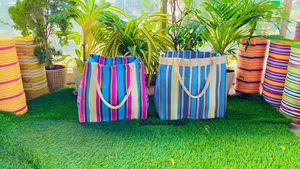 Bolsas de compras reutilizables a rayas ecológicas de PP tejido reciclado de nailon plástico de polipropileno reciclado sostenible hecho a granel de la India - Product Image 2