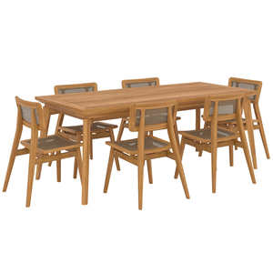 Juego de comedor de estructura de madera maciza de teca con silla de comedor cubierta de ratán tejido en el asiento y el respaldo - Product Image 2