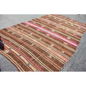 Turkish 7.1x12.3 ft Rug, Oversize Vintage Rug, <b>Brown</b> Pink Floral <b>Wool</b> Rug - Product Image 3