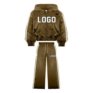 Ensemble de survêtement évasé avec strass Logo personnalisé sweat à capuche vieilli délavé à l'acide avec pantalon de survêtement à jambes larges tenue Streetwear - Product Image 3