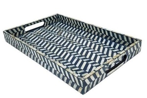 Blue Resin Inlay Classic Rectangle <b>Tray</b> Durable Handmade Construction Understated Linear Detailing for Upscale Dining - Product Image 3