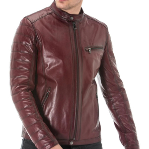 High Quality Men Red Maroon Genuine Sheepskin Notch Lapel Collar Biker Rider Outfit Crossover <b>Cafe</b> <b>Racer</b> Motor <b>Leather</b> <b>Jacket</b> - Product Image 1