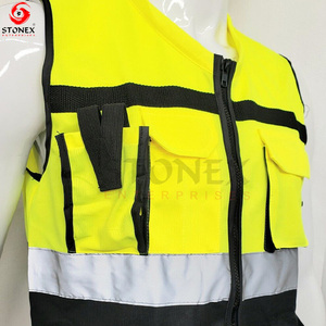 Top vente jaune noir vêtements de travail Protection de sécurité assainissement vêtements réfléchissants gilet réfléchissant multi-poches - Product Image 6