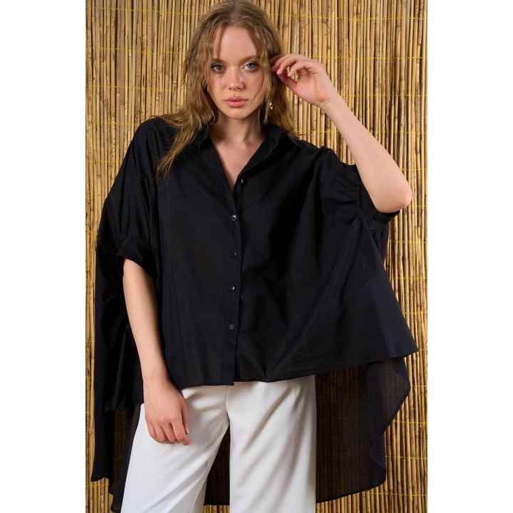 Women's Black Short Balloon Sleeve Long Back Cotton Tunic Shirt