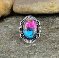Bague bohème vintage Navajo en argent sterling 925 massif plaqué rhodium avec turquoise naturelle d'huître épineuse rose, sertie clos, 10x14mm