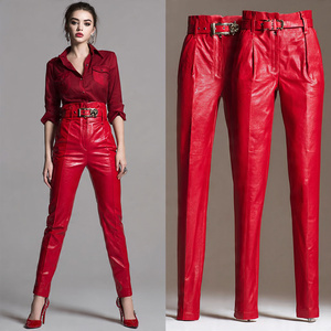 Fashionable Red Leather Pants Women <b>Winter</b> Outwear PU Leather <b>Trouser</b> Pant Ladies Sheep Skin Genuine Leather Pant Women's - Product Image 1