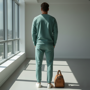 Conjunto Deportivo Personalizado de Felpa Francesa Gruesa con Estampado Lavado Ácido para Hombre, Sudadera con Capucha y Pantalones Jogger en Verde Menta Suave con Bordado Tonal - Product Image 2