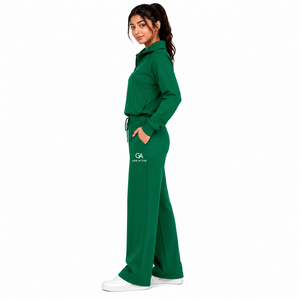 Ensemble de survêtement 2 pièces en molleton vert uni pour femme, avec logo personnalisé, sweat à capuche zippé et pantalon de jogging (Polyester/Coton, impression par transfert thermique) - Product Image 5